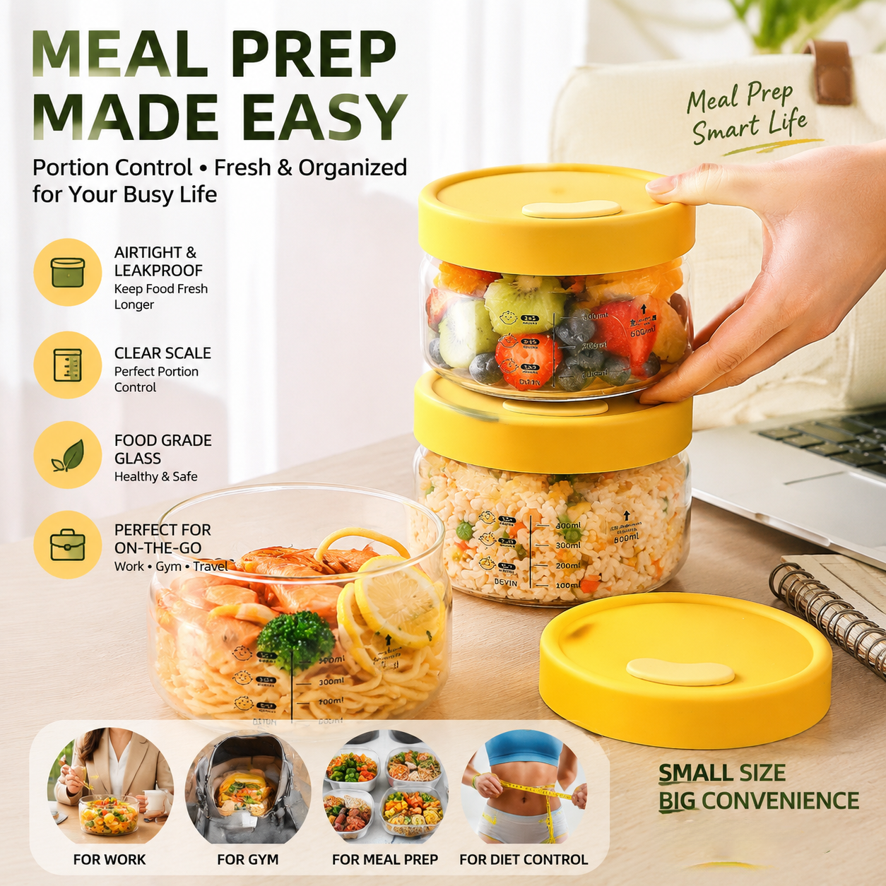 Meal Prep Jars With Lids - Recipientes de Vidro Borossilicato para Armazenamento